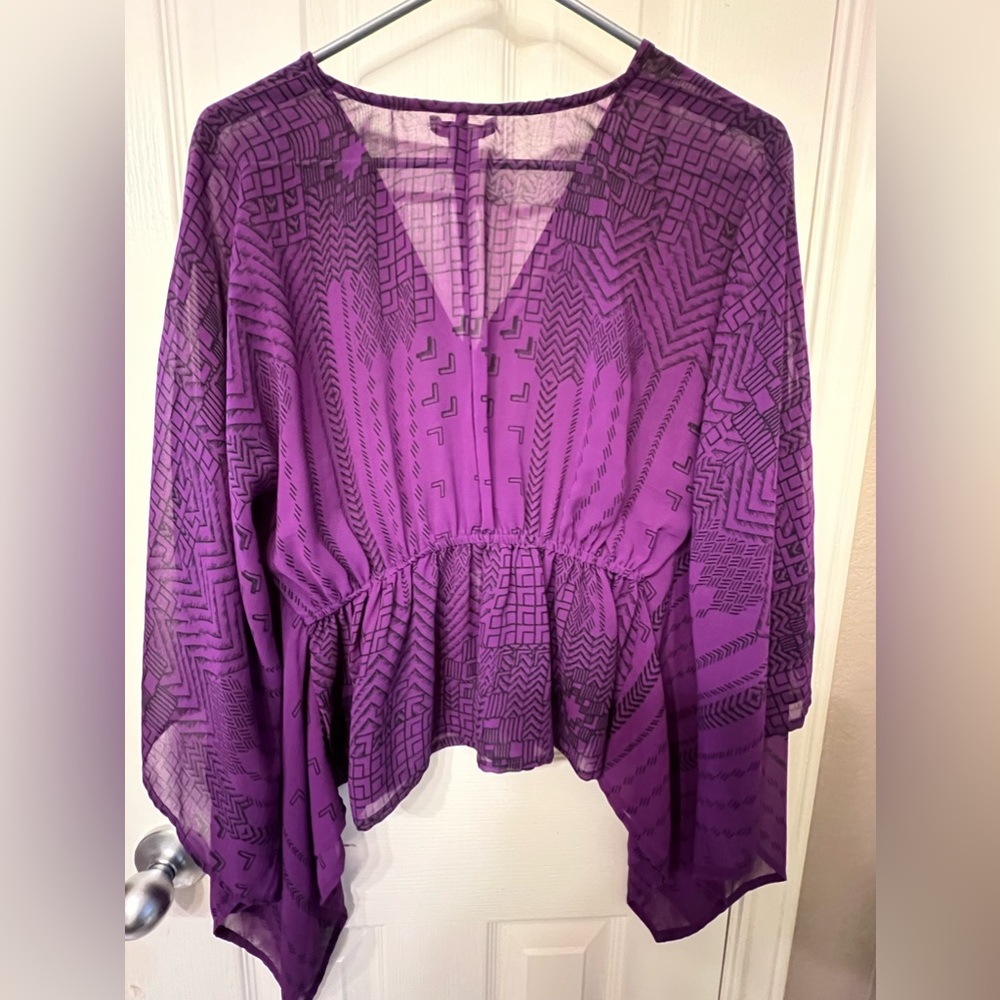 Bar III Purple & Black Geometric Print Sheer Blouse, Size XS